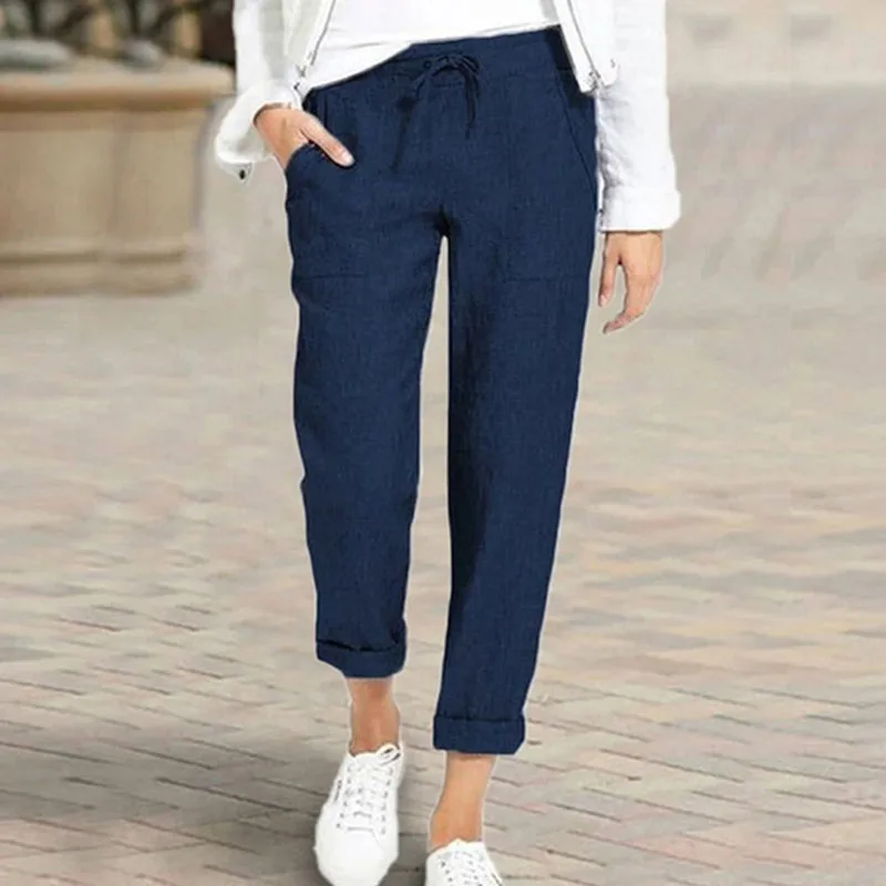 Lucyever Casual Cotton Linen Pants Women Spring Summer High Waist Elastic Ankle-Length Pants Female Solid Pockets Harem Trousers