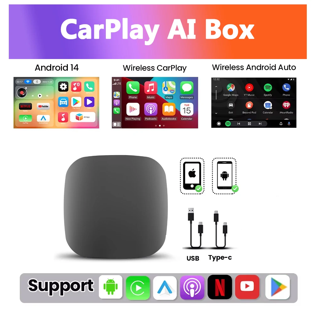 3 in 1 Android 13 AI Carplay Android Auto Wireless Adapter OEM Wired To Wireless CarPlay Box Fast Connect Netflix YouTube