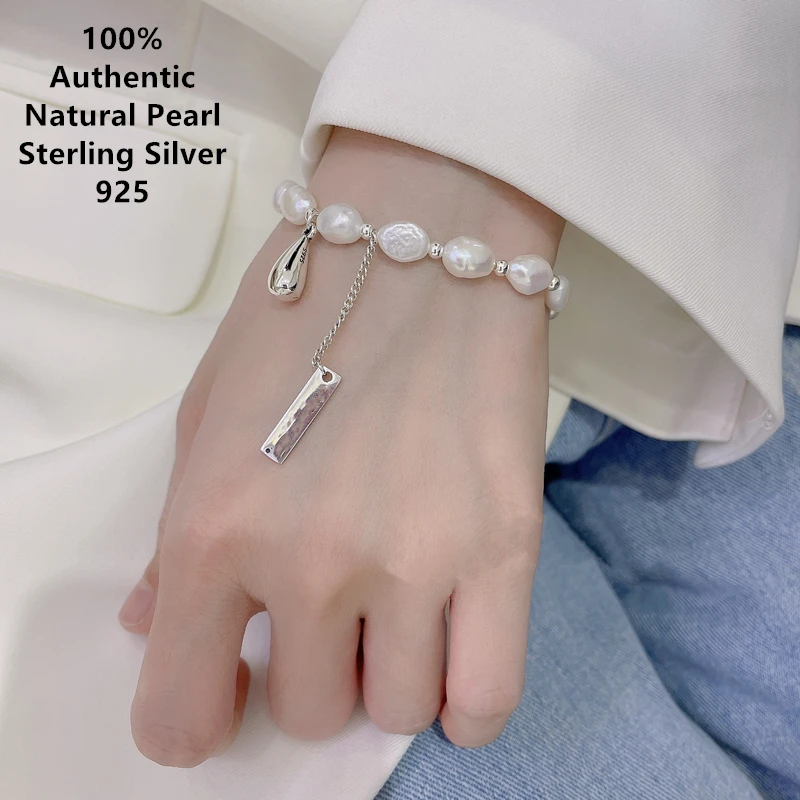 Sterling Silver Drop And Drop Tag Tassel Pearl Bracelet Pulsera Plata Argent 925 Femme Mujer Original Designer Jewelry For Women