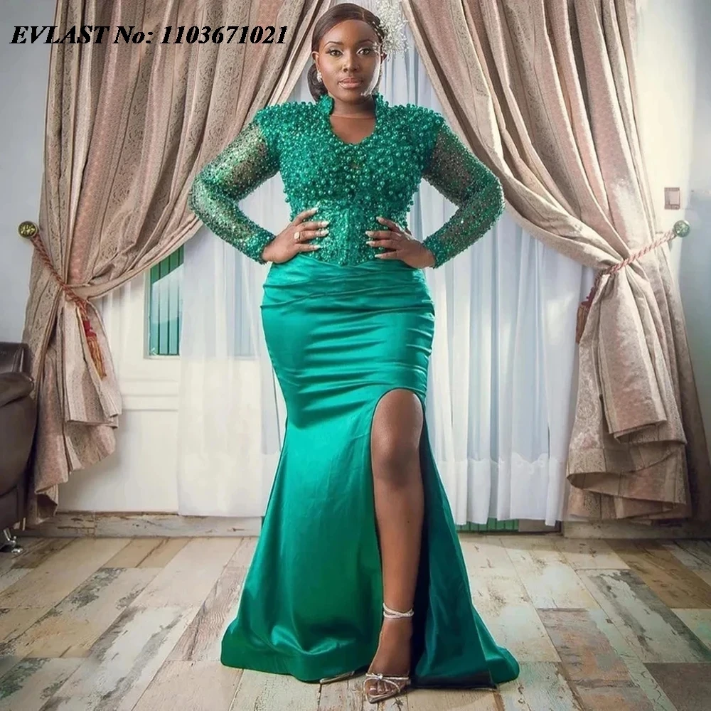 

EVLAST Customized African Green Long Evening Dress Heavy Pearls Beaded Mermaid Silk Satin Formal Guest Gown Party Dress P200