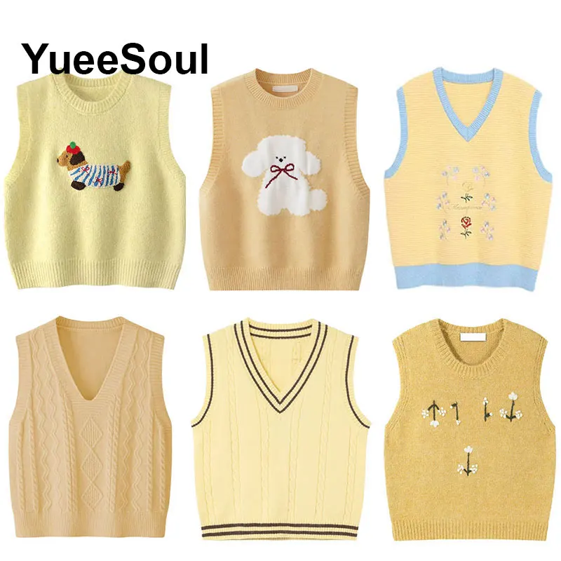 

Yellow Sweater Vest 2025 Autumn New Sleeveless Oversized Knit Women's Vest Y2K Aesthetic Sweet Cute Waistcoat Knitwear Jumpers