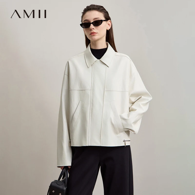 

Amii Leather Dacket женское осеннее новое минималистское свободное пальто из искусственной кожи с лацканами на молнии и длинными рукавами для женщин 12553062