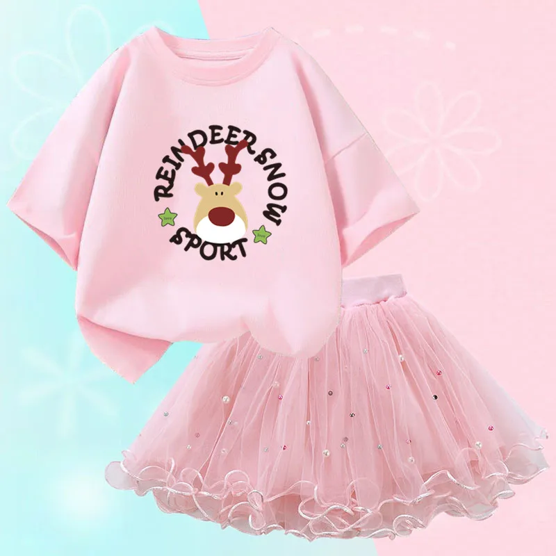 2024 Christmas Kid Girls Clothes Set Santa Deer T shirt Tops and Tutu Skirts Outfits Xmas Costume Children Party Clothing