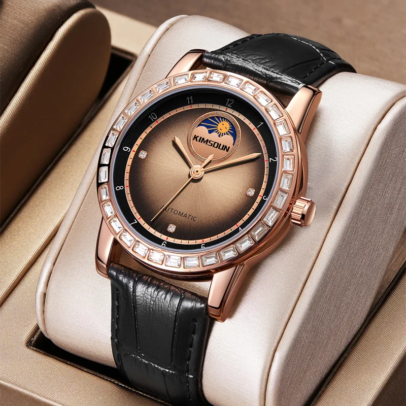 Stainless Steel Diamond Premium Sunray Luminous Waterproof Precision Leather Strap Self-Wind Automatic Watch for Men
