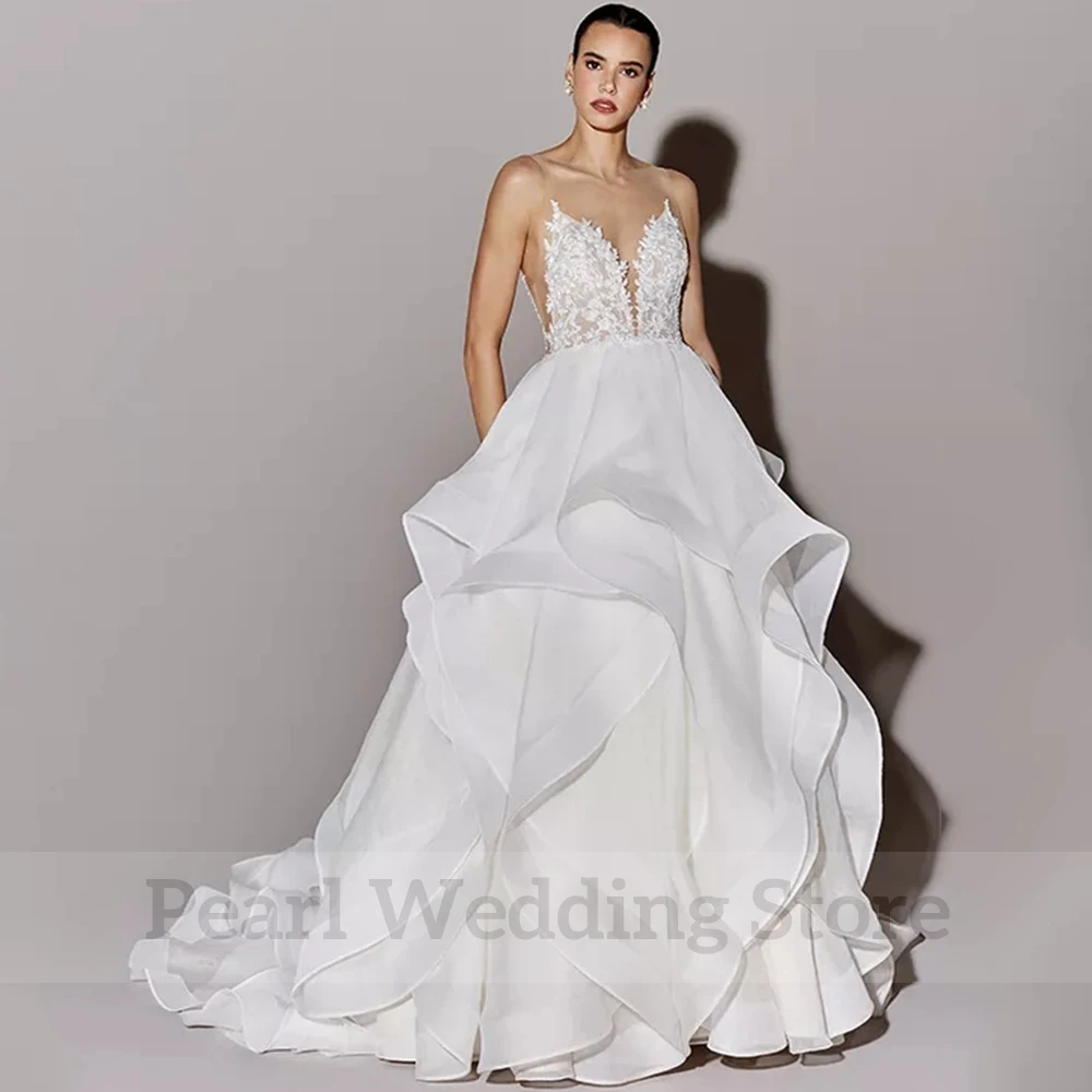 Elegant A-Line Irregular Wedding Dress Sleeveless Applique Floor Length Bridal Sexy Open Back with Sweep Train Bride Gowns