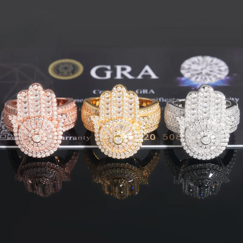 Hiphop Baguette Cut Moissanite Fatima Ring for Women Men 925 Sterling Silver Plated 18k Gold Hamsa Hand Party Rinigs Pass Tester