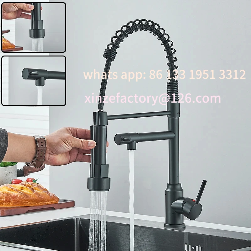 

Customizable Black Kitchen Sink Faucet Pull Down Hot and Cold Water Mixer2 Mode Tap with Dual Spout 360 Rotation Flexible Deck M