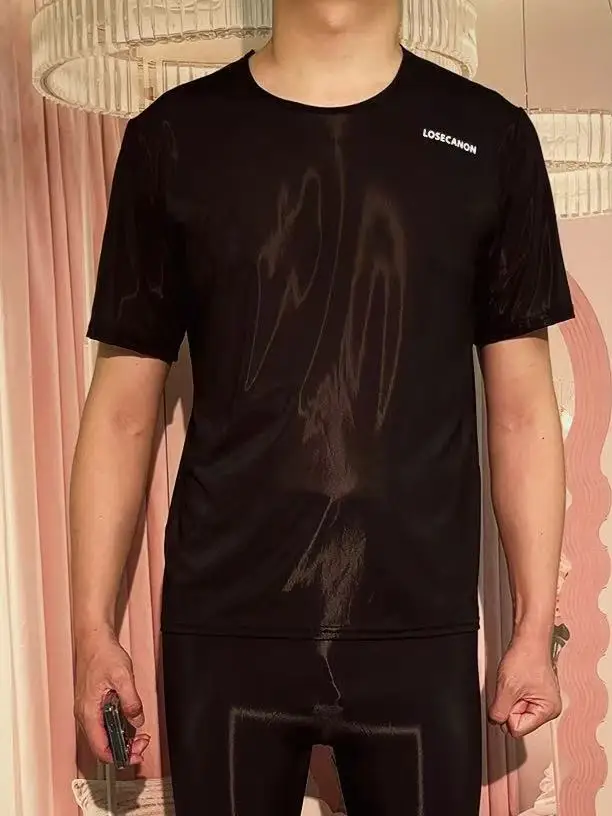 Summer ice silk see through men fitness t shirt Home casual sexy plus size top streetwear