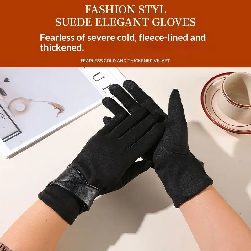 Elegante Damen-Winterhandschuhe aus Wildleder, Touchscreen-kompatibel, mit Samtfutter, warm, 1 Paar für Pendeln und Dates – Detail 3