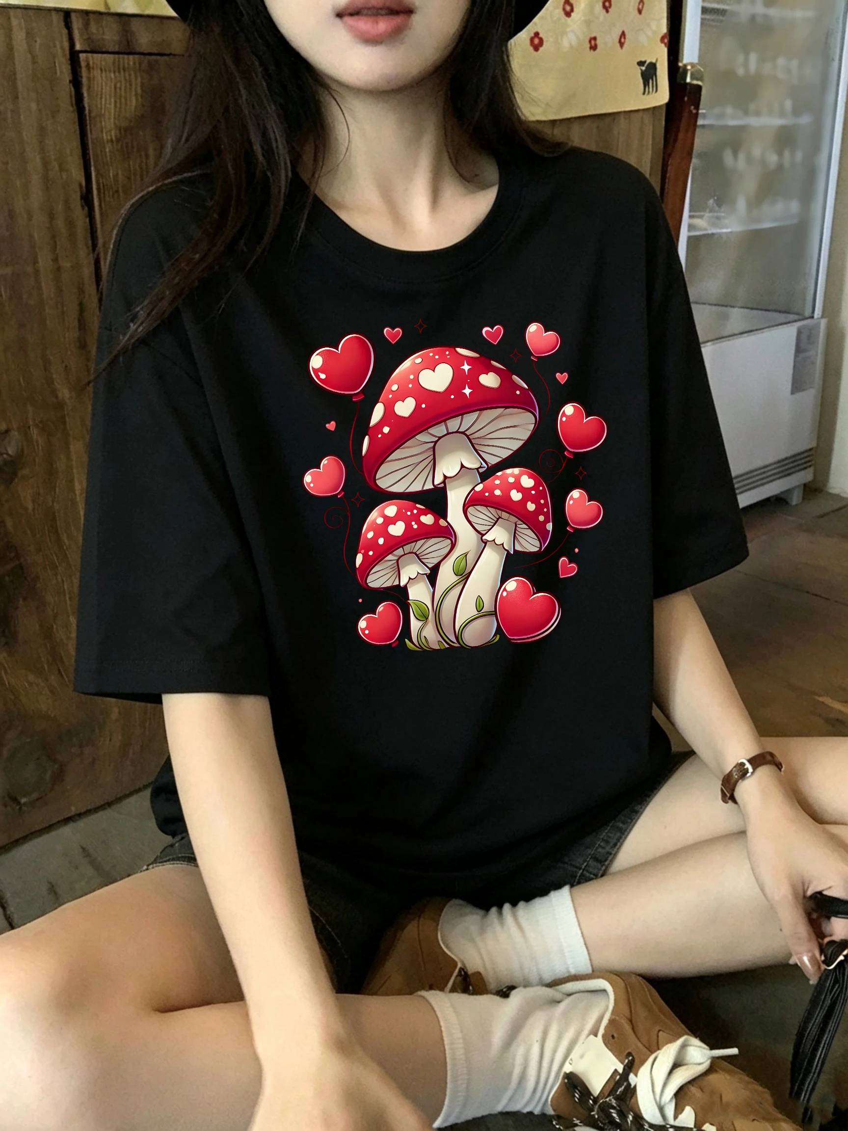 Heart Balloon Mushroom Printing T-Shirts Womens Cotton Summer Short Sleeve T Shirts O-Neck Oversized Tops Street Soft Clothes