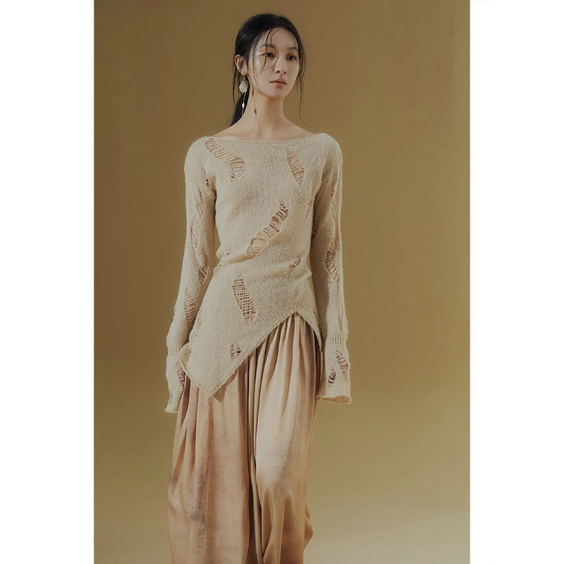 

Женский вязаный свитер MURMURMI с ажурным узором, легкий, с отверстиями, повседневный, шерстяной, с длинными рукавами