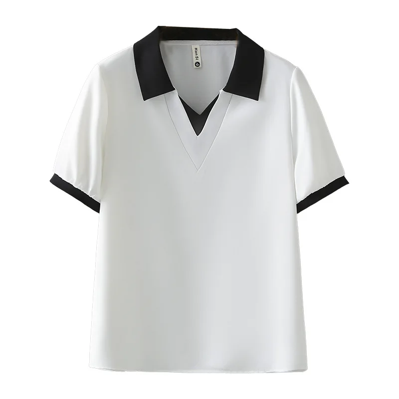 

100 кг новый летний топ, повседневная женская футболка контрастного цвета с воротником-поло и короткими рукавами, большие размеры 2525