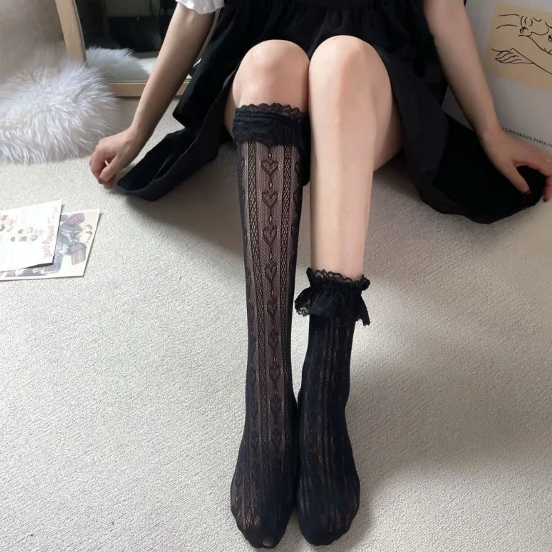 High-Quality Hollow-out Lolita Stockings White Mid-Calf Style Summer Lace Trim