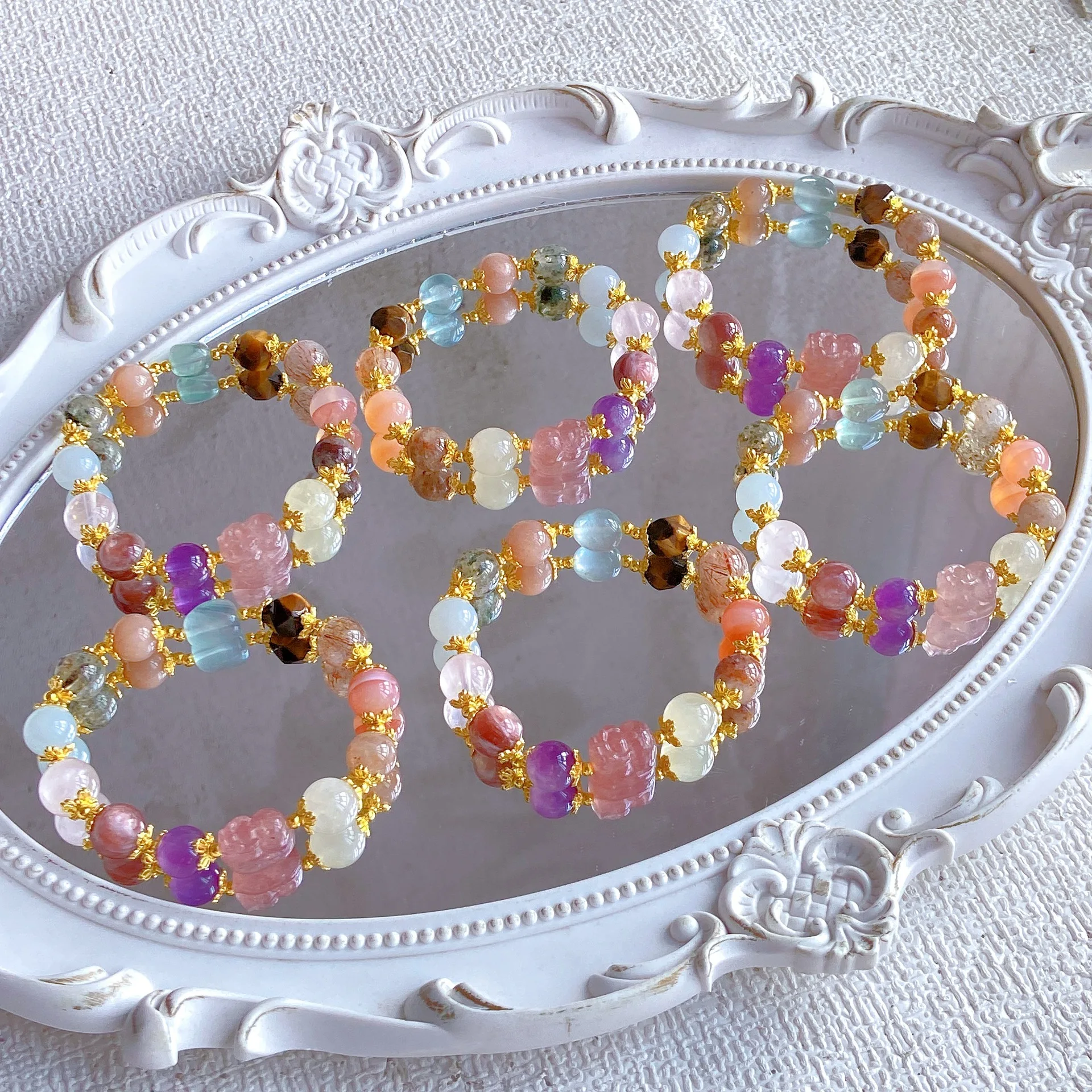 Chinese Style Lucky Pixiu Multi Gemstone Beaded Bracelet Strawberry Crystal Amethyst Lepidolite Wealth Attraction Good Luck Feng