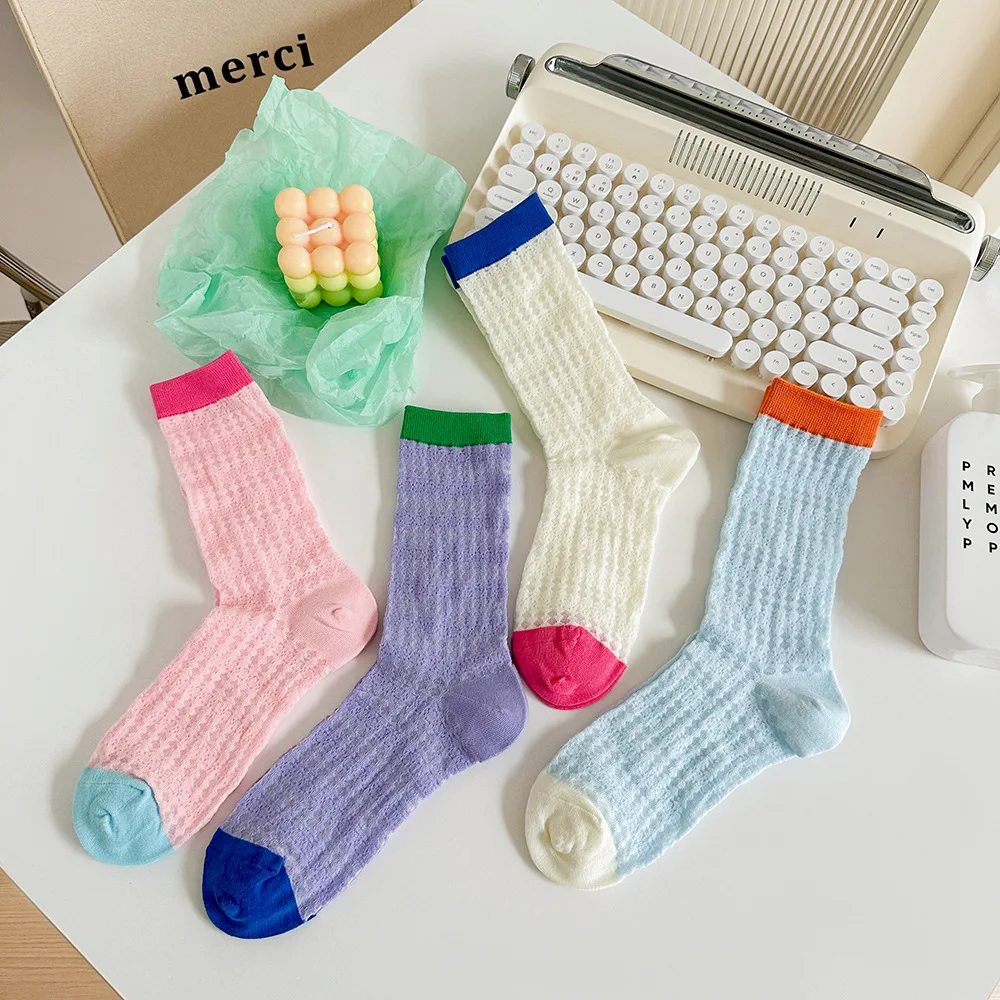 Women's Summer Spring Cotton Long Socks Korean Sweet Style Color Pile Pile Socks Glass Filament Mid-tube Stocking For Girls Gift