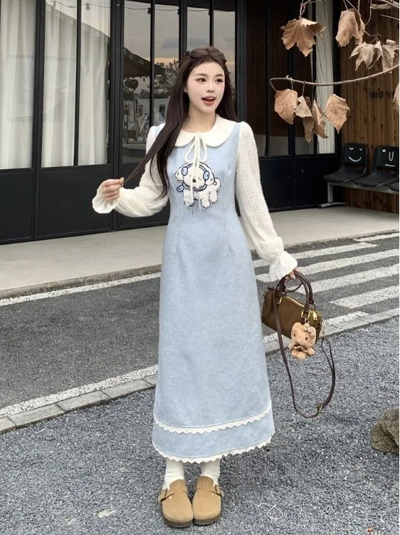 

Зимнее длинное платье больших размеров в корейском стиле из твида с пэчворком, с завязками на талии, воротником «Питер Пэн», для женщин, модное, для повседневной носки