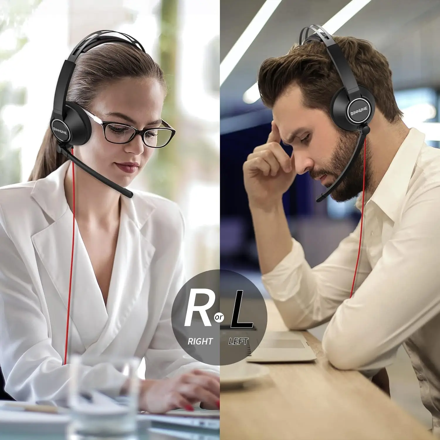 BINNUNE USB-Headset für Büro, Konferenz, Callcenter, Computer, kabelgebundene Arbeitskopfhörer mit geräuschunterdrückendem Mikrofon für Laptop-PC – Detail 6