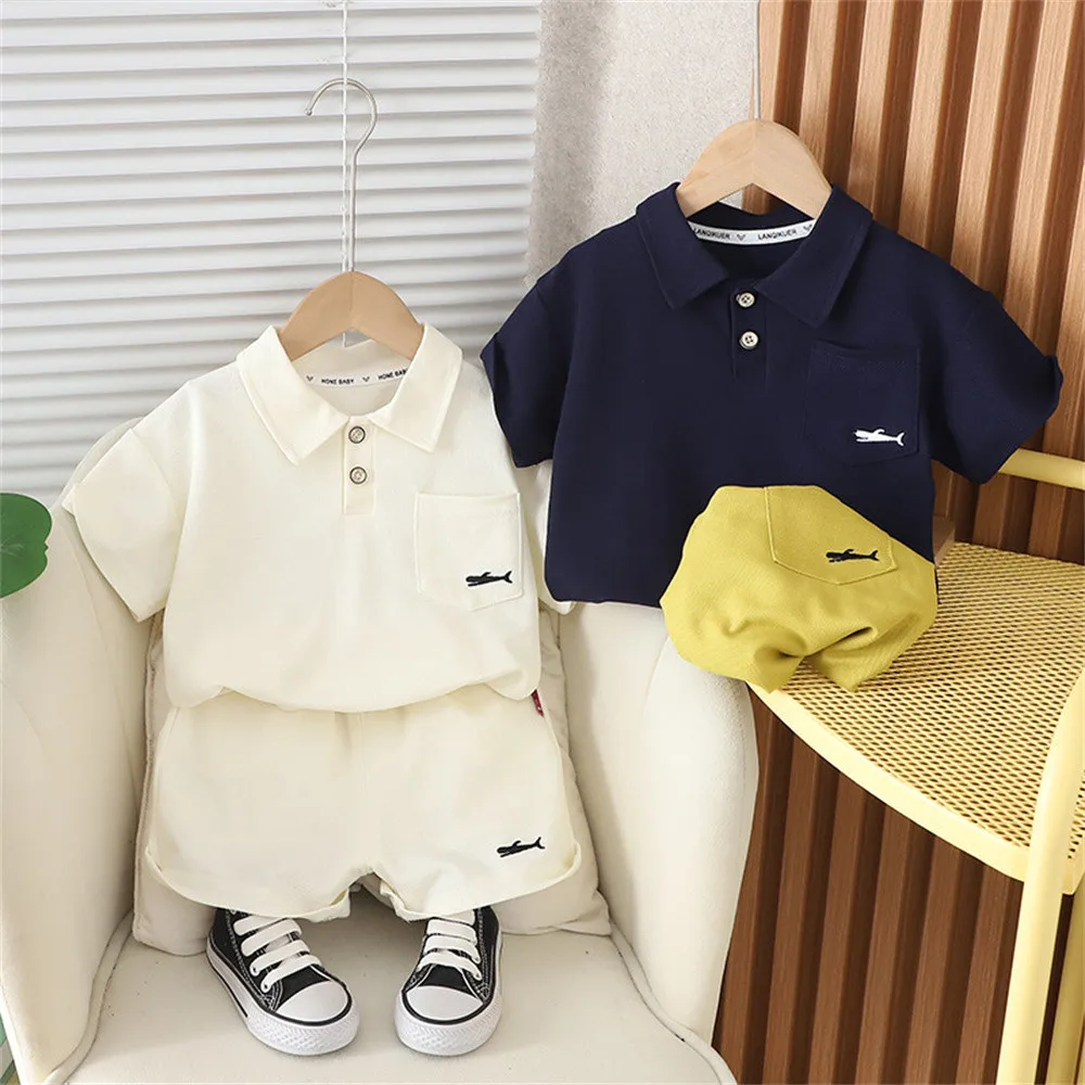 Kinderanzug Sommer Jungen Kurzarm Poloshirt + Shorts 2-teilig Einfarbig Babykleidung Kleinkinder Kleidung