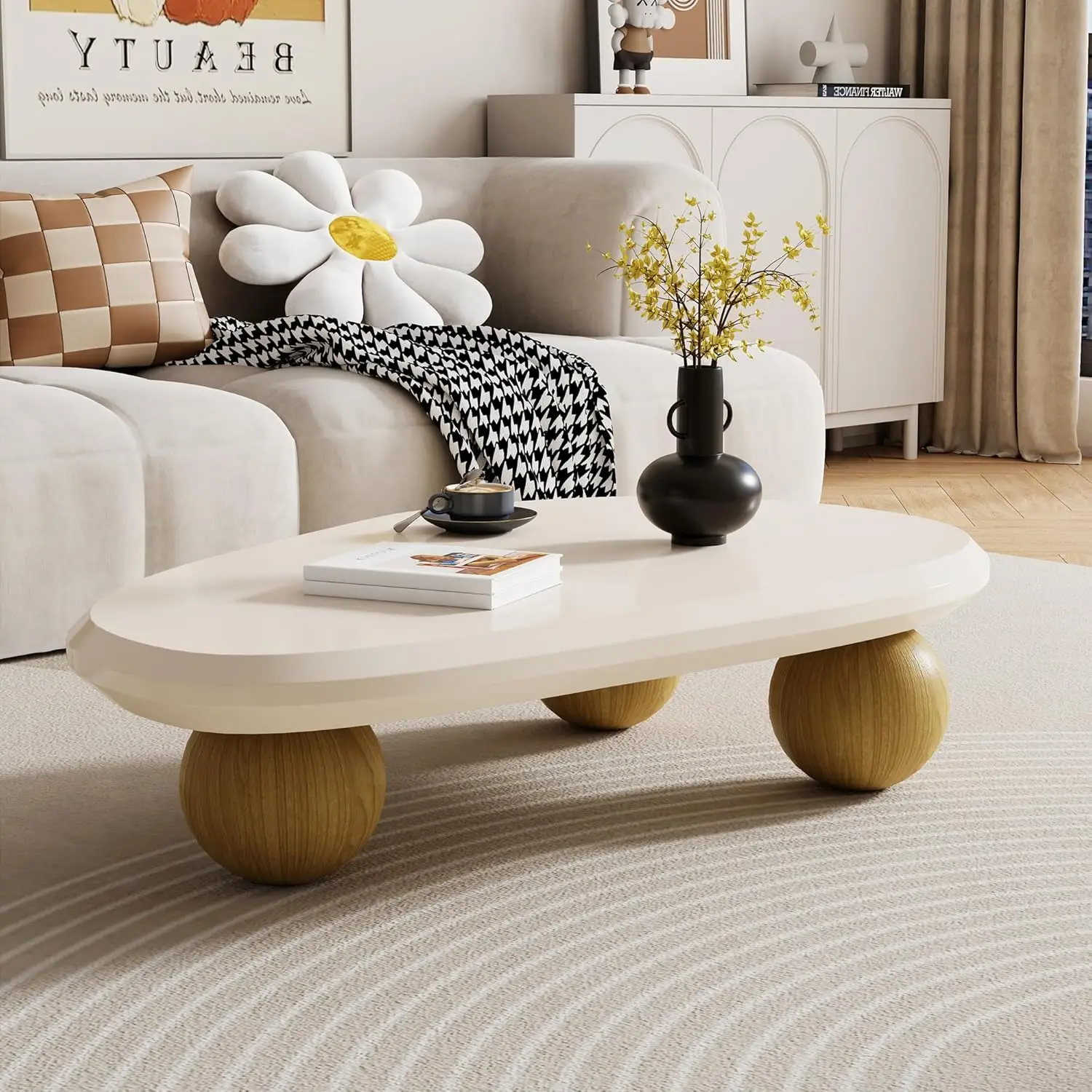 

51" Oval Wood Coffee Table White 3 Brown Ball Legs Modern Living Room Home Office, Customized