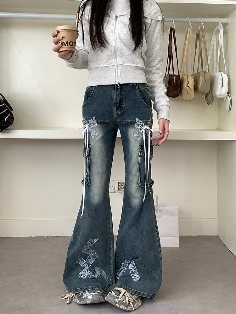 Jeans svasati in pizzo blu Y2k da donna Harajuku pantaloni in denim larghi stile giapponese anni 2000 pantaloni Jean vintage anni '90 vestiti della spazzatura 2024