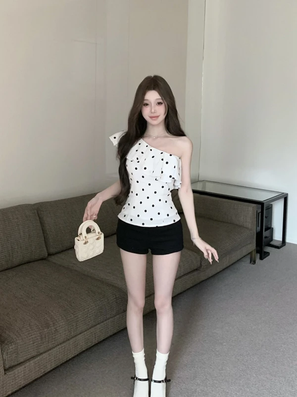 Ele ポルカドット アシンメトリー ショルダーストラップ ベスト レディース 夏 アウター ユニーク 美しい ウエストシェイプ オフショルダー イルト
