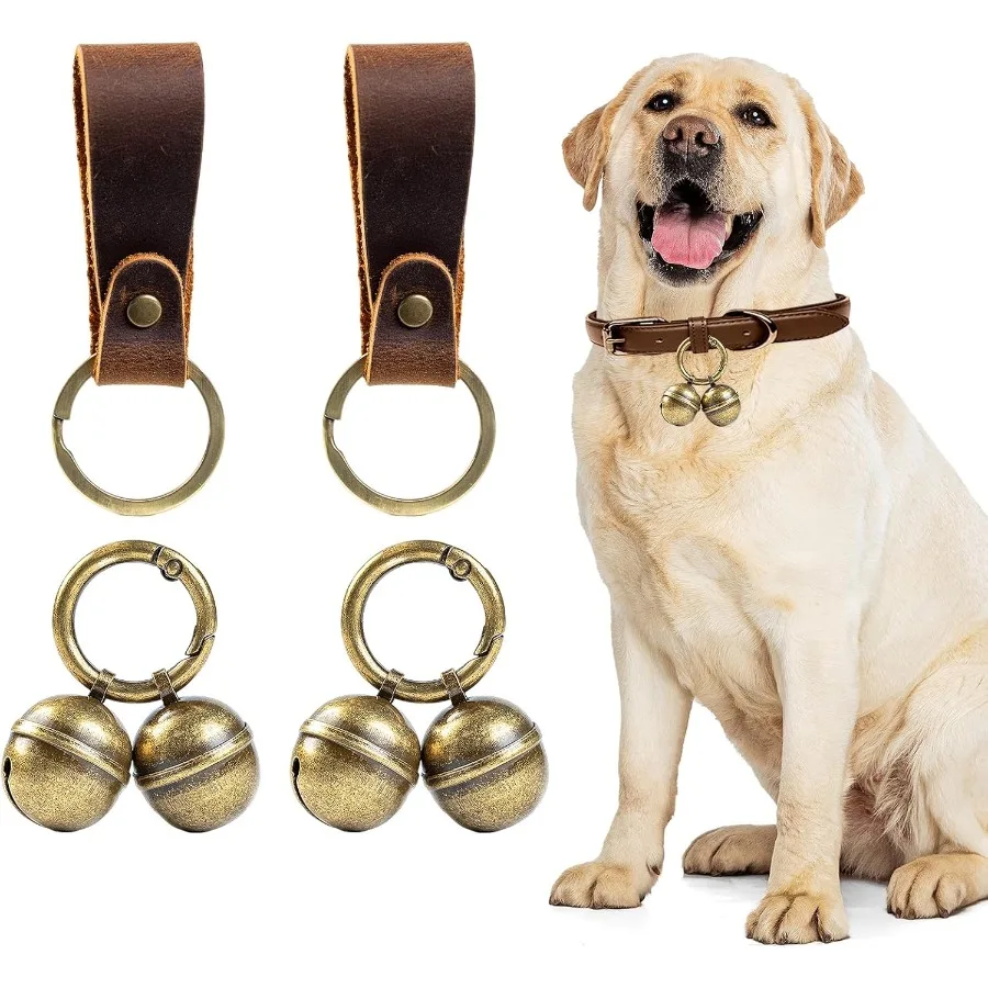 أجراس طوق بكلاب عالية، أجراس متينة للحيوانات الأليفة للكلاب الكبيرة، 4 أربطة نحاسية و2 حزام أزرار جلدي لسلامة الحيوانات الأليفة في الهواء الطلق #1