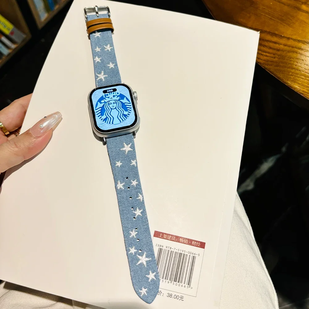 Correa iWatch Series 9 7 6 SE 5 4 3 Embroidered Star Denim Band for Apple Watch 8 Ultra 2 49mm 45mm 41mm 42mm Premium Bands