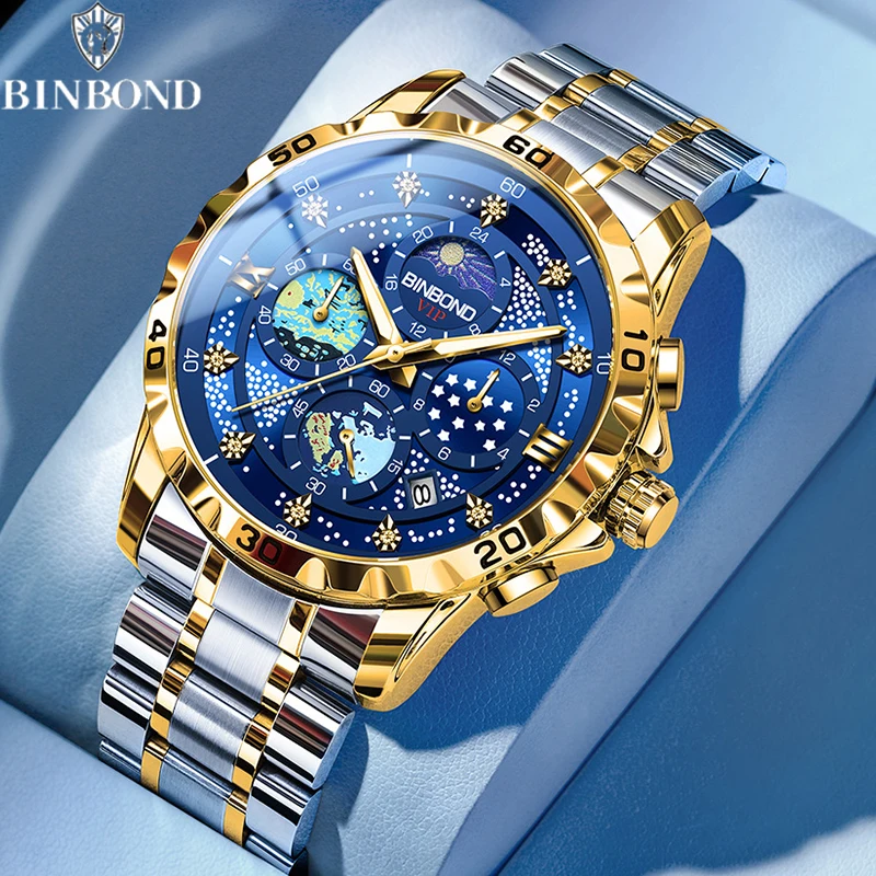 BINBOND Business Men\'s Watches Waterproof Chronograph Luxury Starry Sky Luminous Quartz Wristwatch Date Fashion Male Gold Clock