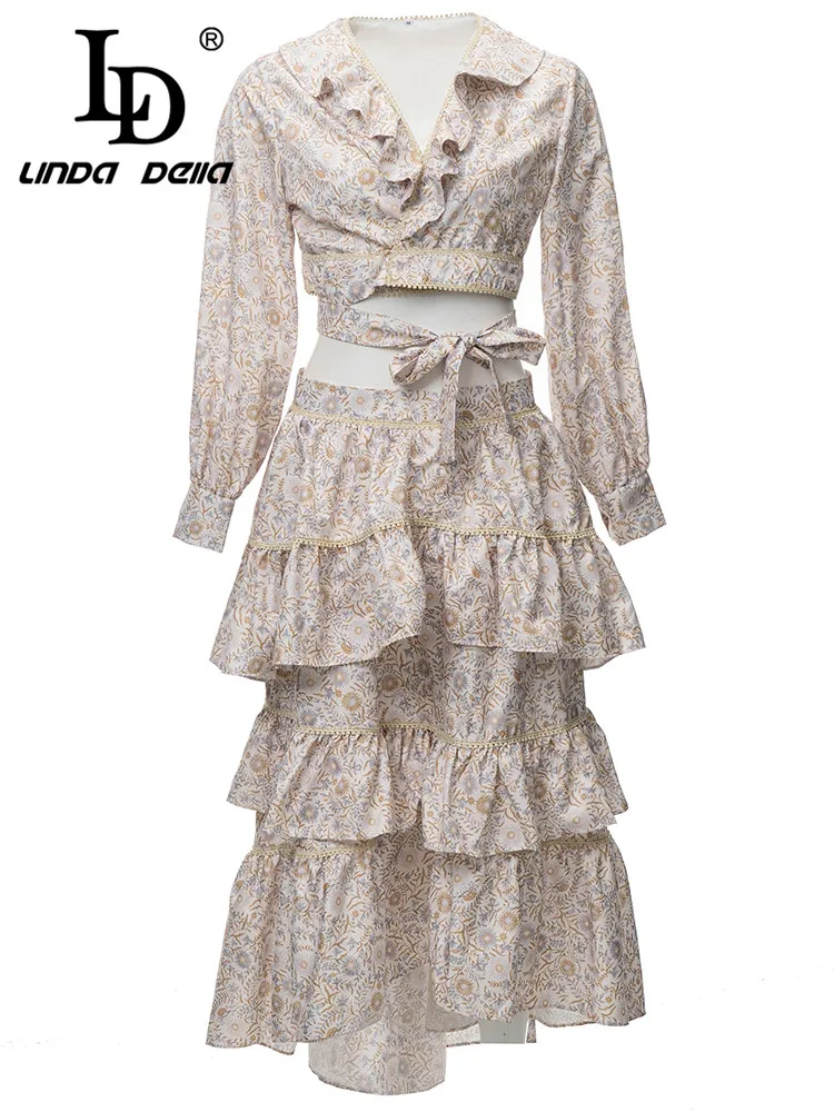 LD LINDA DELLA Autumn New Style Luxury Skirts Sets Women's V-Neck Lacing waist Top+Cascading Ruffle Splice Skirts 2 Pieces Set