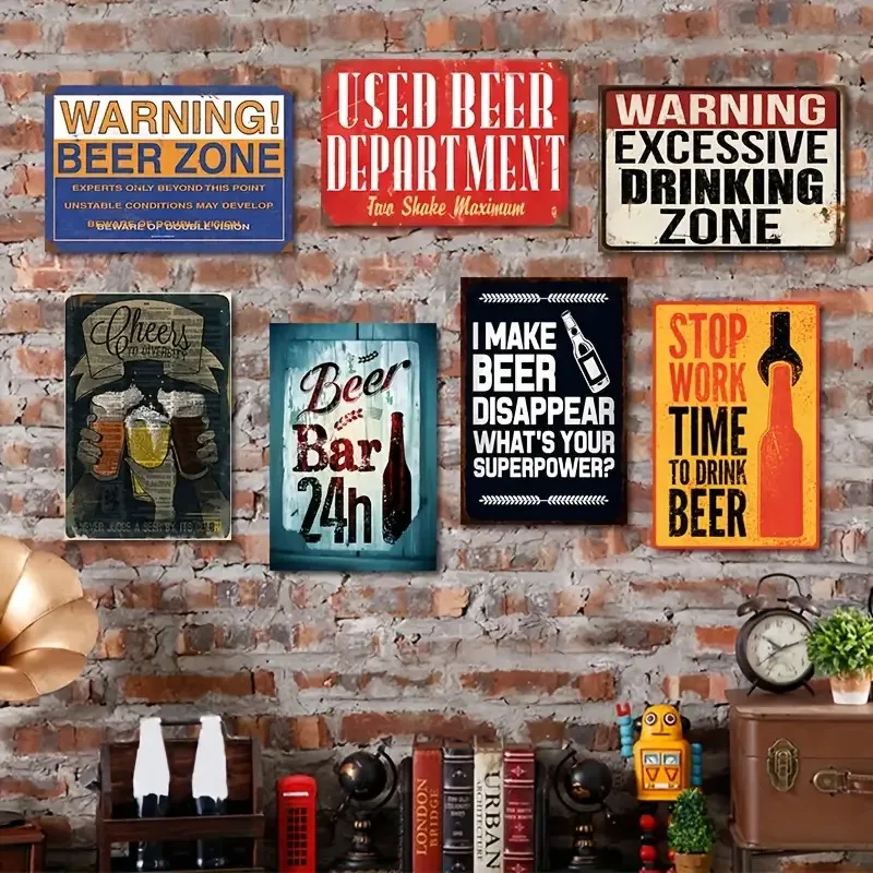 Decorative Sign& Plaque7pcs Beer Themed Vintage Metal Sign Set for Bar, Pub, Home Brewery, for Man Cave, Backyard BBQ, Party Ven