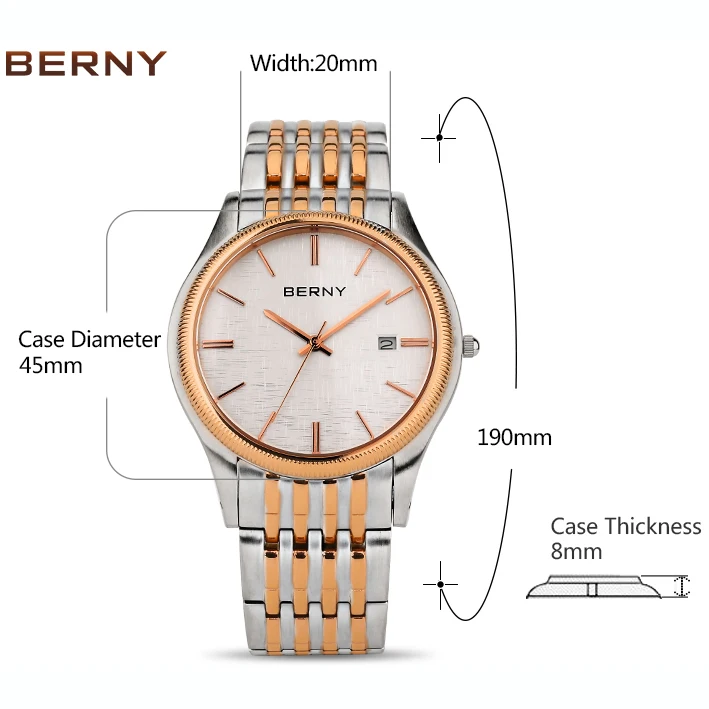 BERNY-Montre à Quartz pour Homme, Bracelet en Acier Inoxydable, Étanche, Saphir, Mode Moderne, Montre-Bracelet Classique