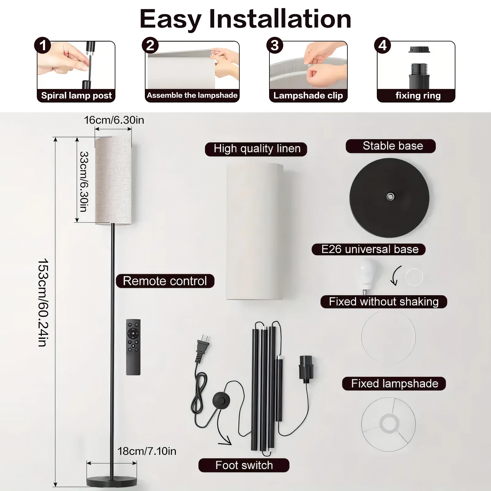 Fabric Shade Floor Lamp, 9W 800LM 3000-6000K Dimmable Standing Lamp with Remote & Foot Switch, Iron & Cloth Floor Light for Living Room Bedroom view 7