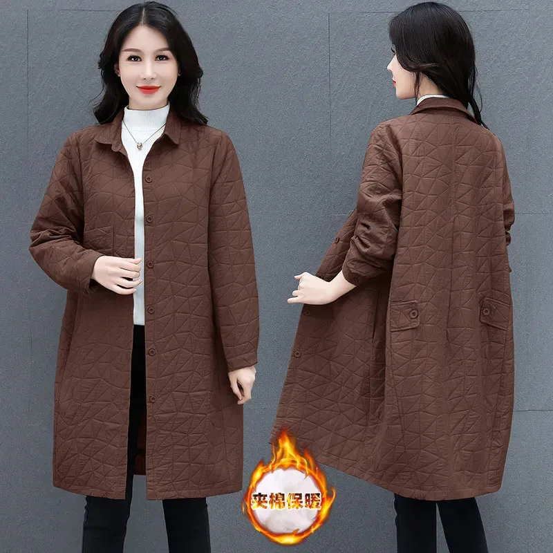 New Spring Autumn Light Thin Padded Jacket Female Long Down Cotton Coat Middle-aged women\'s Loose Rhomboid Casual Cotton Clothes