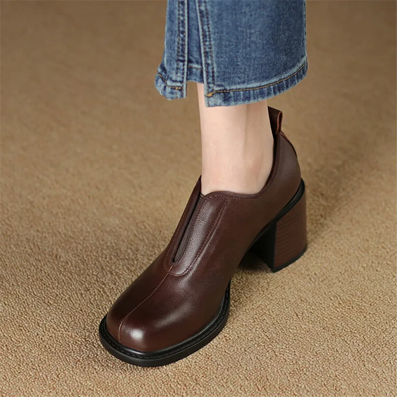 2024 New Spring Genuine Leather Women Shoes Round Toe Women Pumps Shoes for Women High Heel Loafers Chunky Heel Ladies Shoes