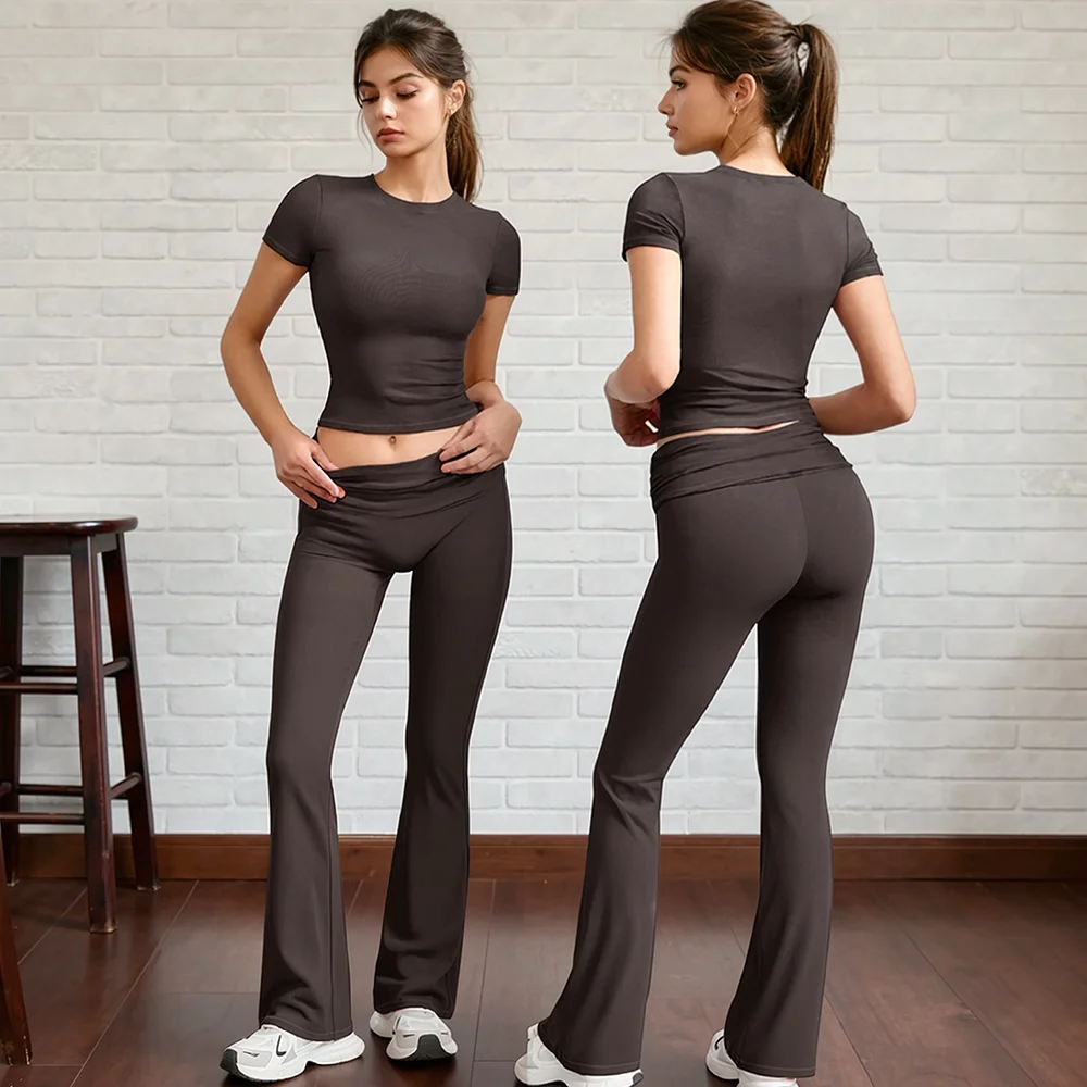 2 Pieces Sports Sets Short Sleeve Seamless Yoga Top Fitness Set Women Workout Running Sports Wid Leg Leggings Gym Suits Female