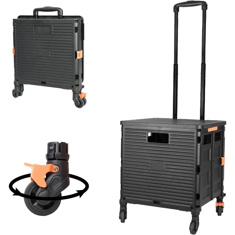 Utility Cart Folding Portable Rolling Crate Handcart with Lid Durable Heavy Duty Plastic Telescoping Handle Collapsible