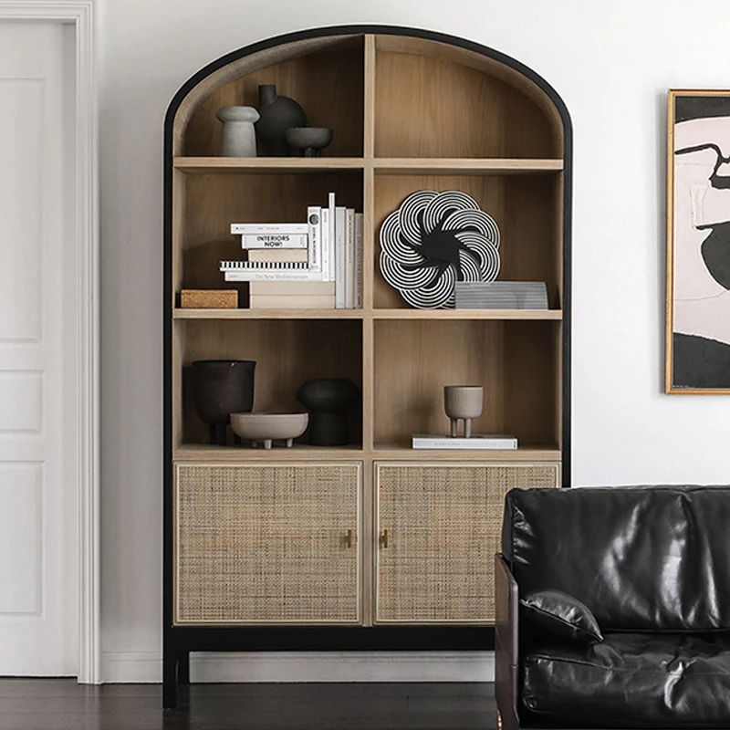 خزانة كتب من الخشب الصلب لغرفة المعيشة، باب من الخيزران، خزانة عرض مزخرفة، خزانة تخزين أرضية فرنسية عتيقة #3