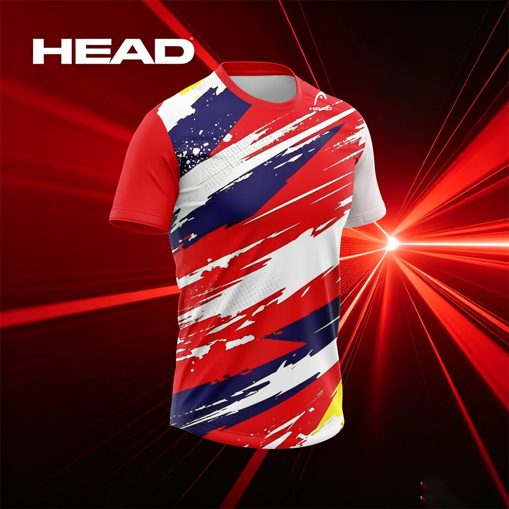HEAD Sports T-Shirt Red White Navy Blue Brush Stroke Print Short Sleeve Tennis Training Shirt - view 4