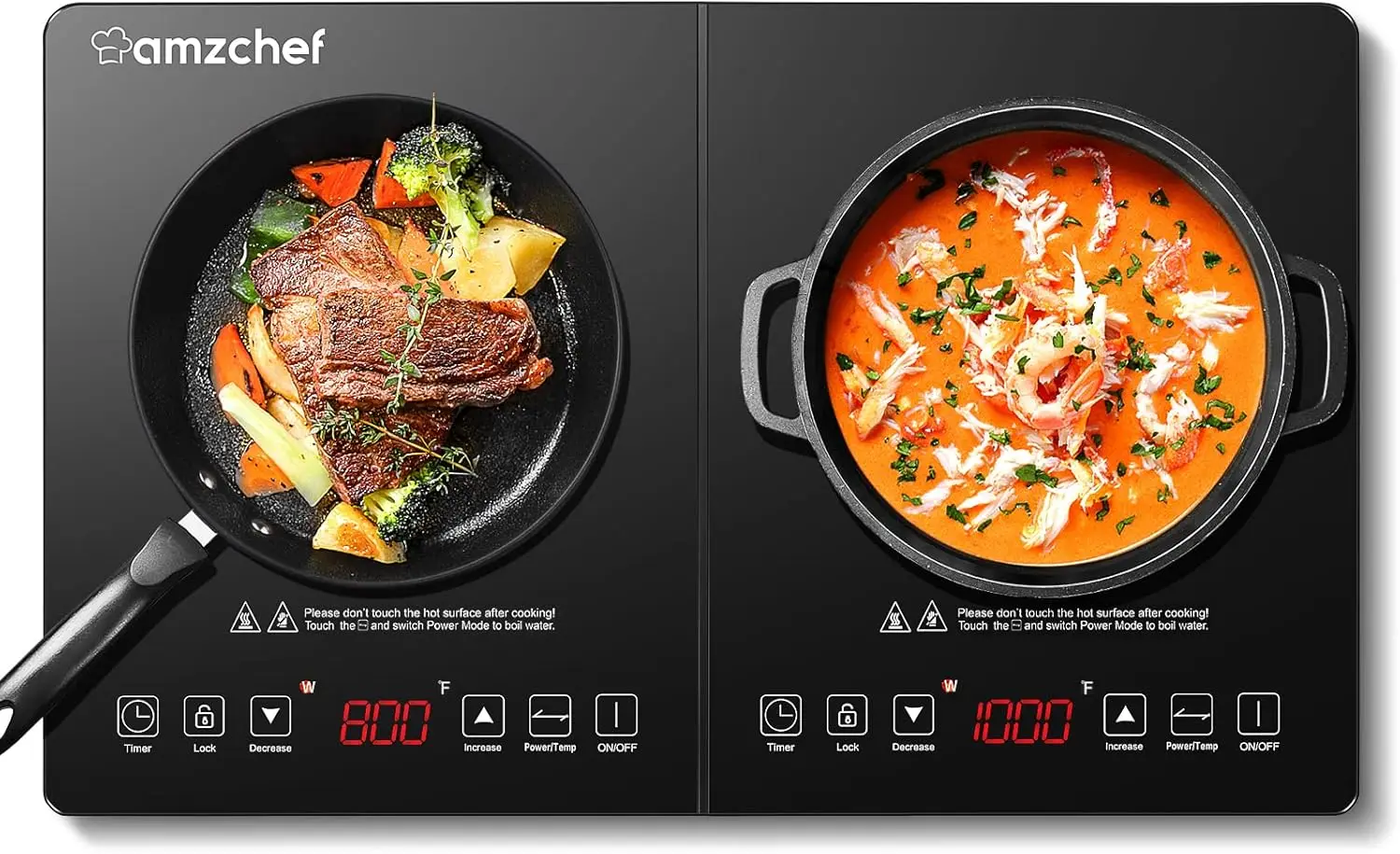 موقد مزدوج الحث من AMZCHEF ، شعلتان ، كووكتوبات كهربائية منخفضة الضوضاء ، كووكتوبات تعمل باللمس بمستشعر ، أو دبليو