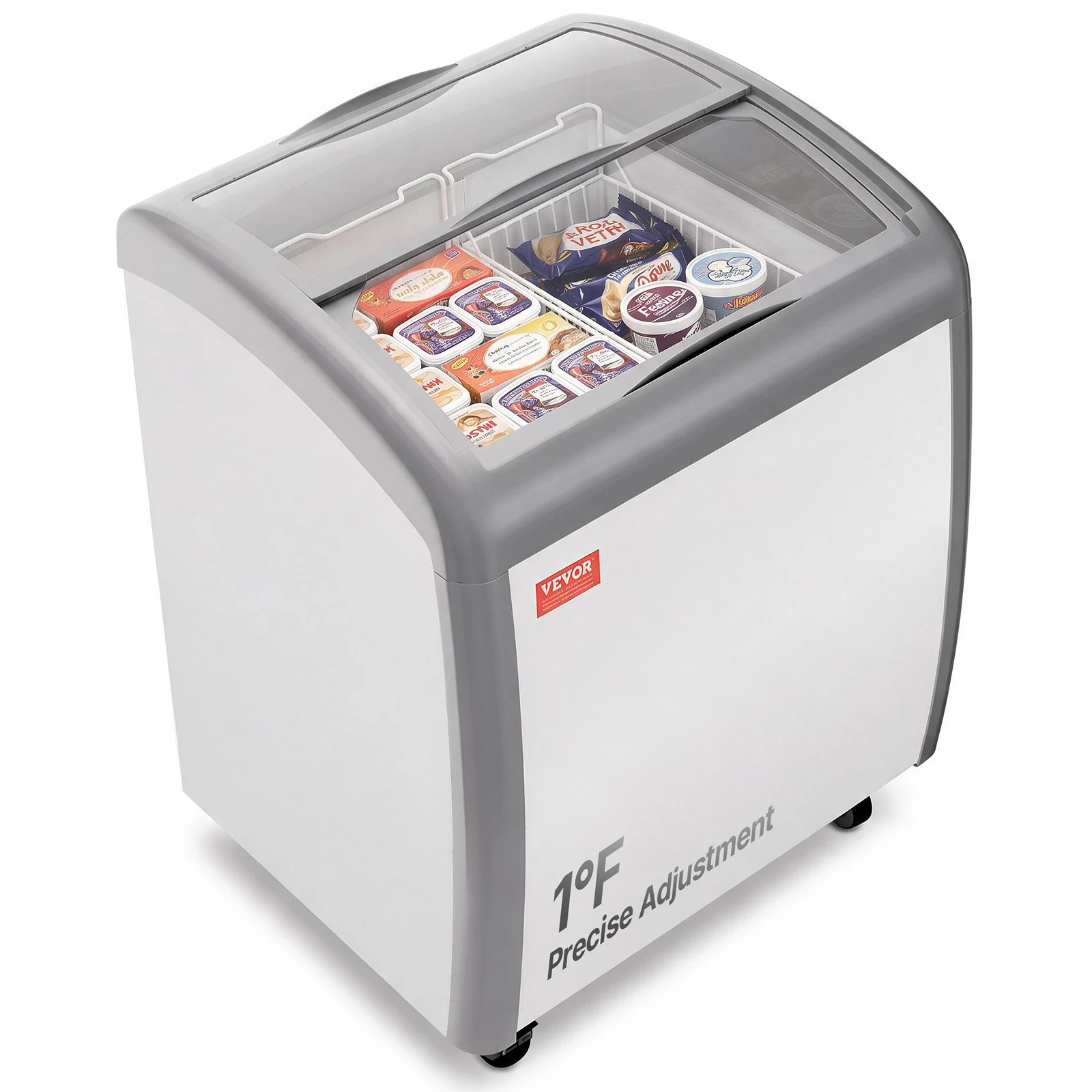 VEVOR Commercial Ice Cream Display Case 5.4/9.3/12.8/16.3 Cu.ft -19 to 3℉ with 2/3/4/5 Baskets 2 Glass Doors Casters & LED