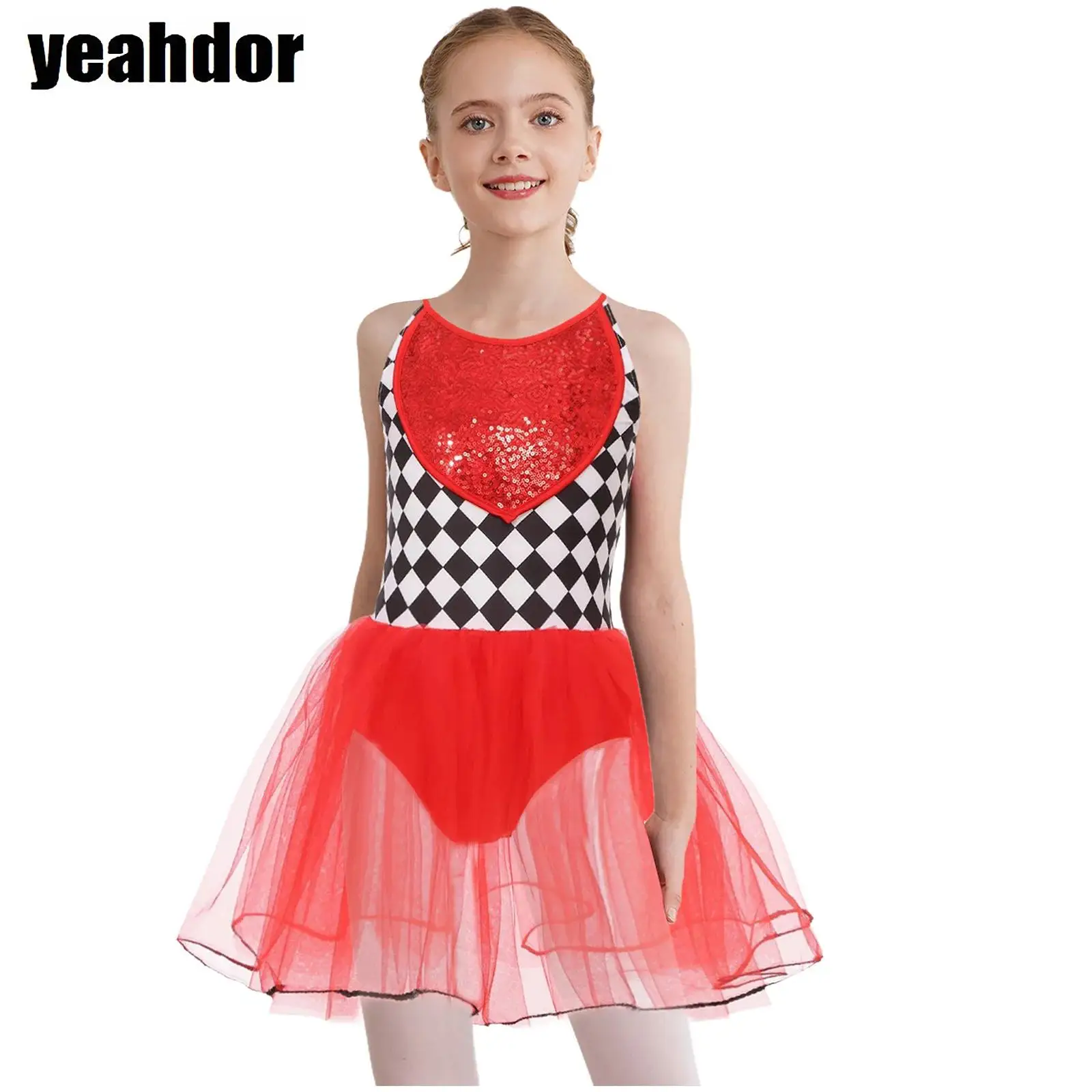 

Girls Movie Character Cosplay Costume Sequins Cami Dress Checkerboard Ballet Tutu Dress Halloween Role Play Ringmaster Dress Up