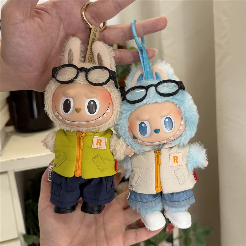 Kurtki puchowe dla lalek Labubu 15-17 cm, odzież narciarska laserowa, modne ubrania, zimowa kamizelka puchowa z jeansami, buty, kompletny zestaw ubrań.