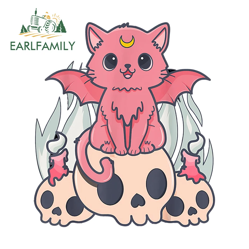 EARLFAMILY 13cm X 11.5cm for Cute Creepy Demon Cat and Skull Car Stickers Vinyl Simple Decals Scratch-Proof Waterproof Decor