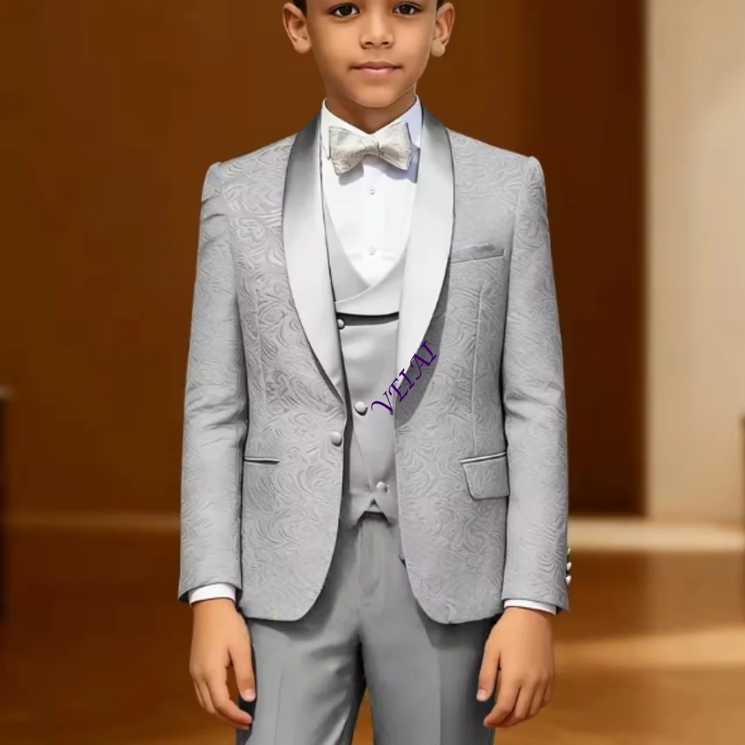 Boys' 3-Piece Formal Jacquard Suit – Champagne Shawl Lapel Blazer, Vest & Pants for Pageboys & Weddings view 3