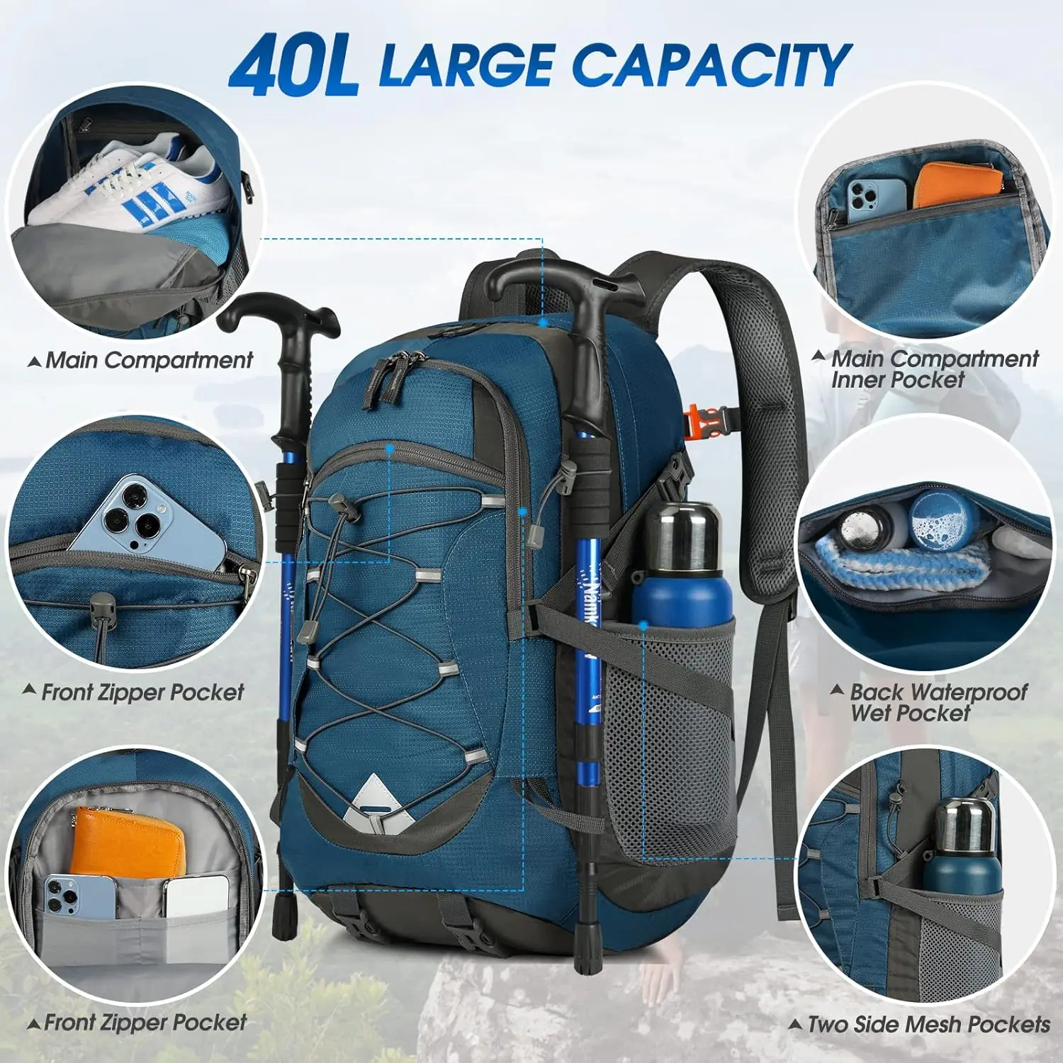 Mochila ligera para senderismo RAINSMORE, mochila impermeable de 40L para acampar, mochila plegable para mujeres y hombres, mochila de viaje al aire libre