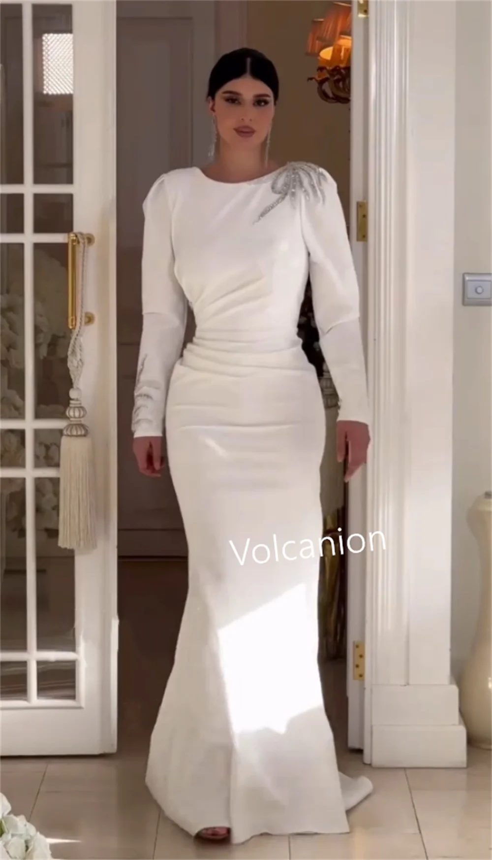 Customized Jersey Sequined Pleat Trumpet O-Neck Long Dresses Bespoke Occasion Evening Exquisite Formal High Quality
