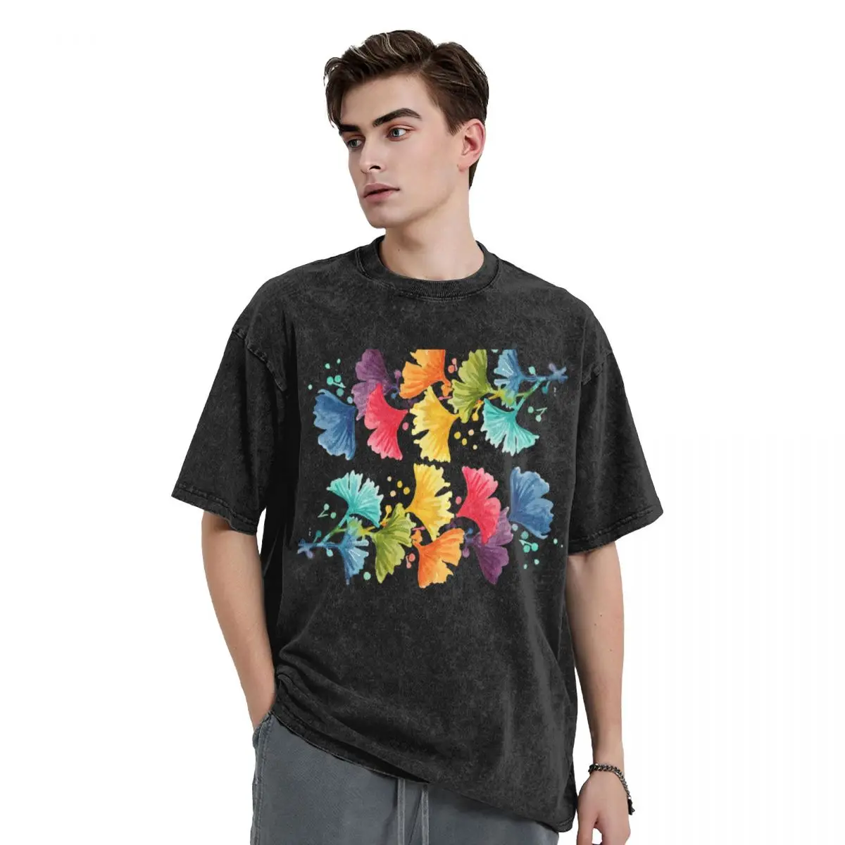 

rainbow watercolor ginkgo leaves T-Shirt anime t shirts boys animal print mens clothing