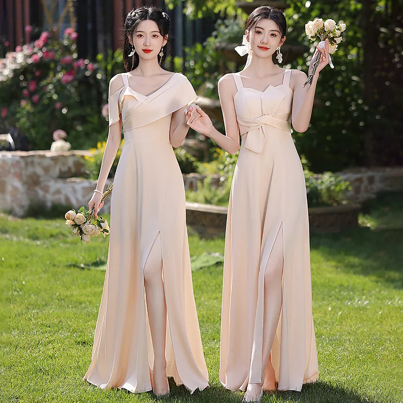 

Champagne Color Maids Dr Satin Fabric Women's Simple Slimming Long Gown for Wedding Par Performance Ele Sle ort ...
