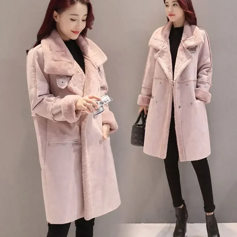 Suede OutCoat Women Winter New Plus Fleece Thick Parkas Medium Long Fur One Lamb Fleece Cotton-padded Coat Wysokiej jakości kurtki