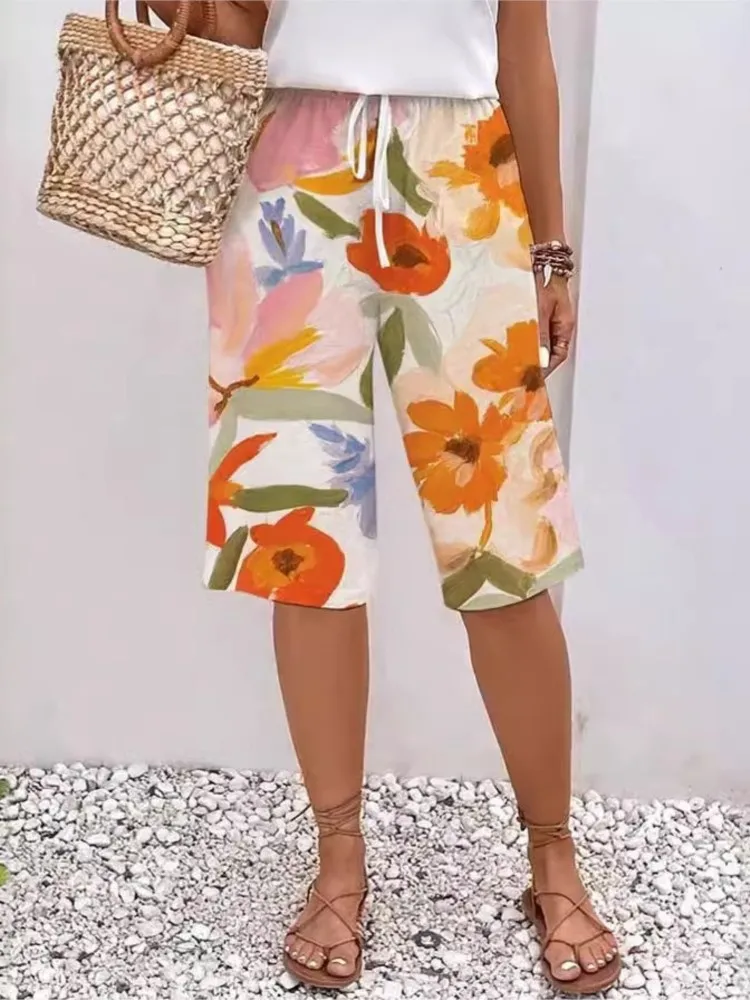 

Casual Print Pants For Women Fashion Boho Holiday Beach Sports Womens Clothing Summer Pockets Straight Knee Length Lady New 2025